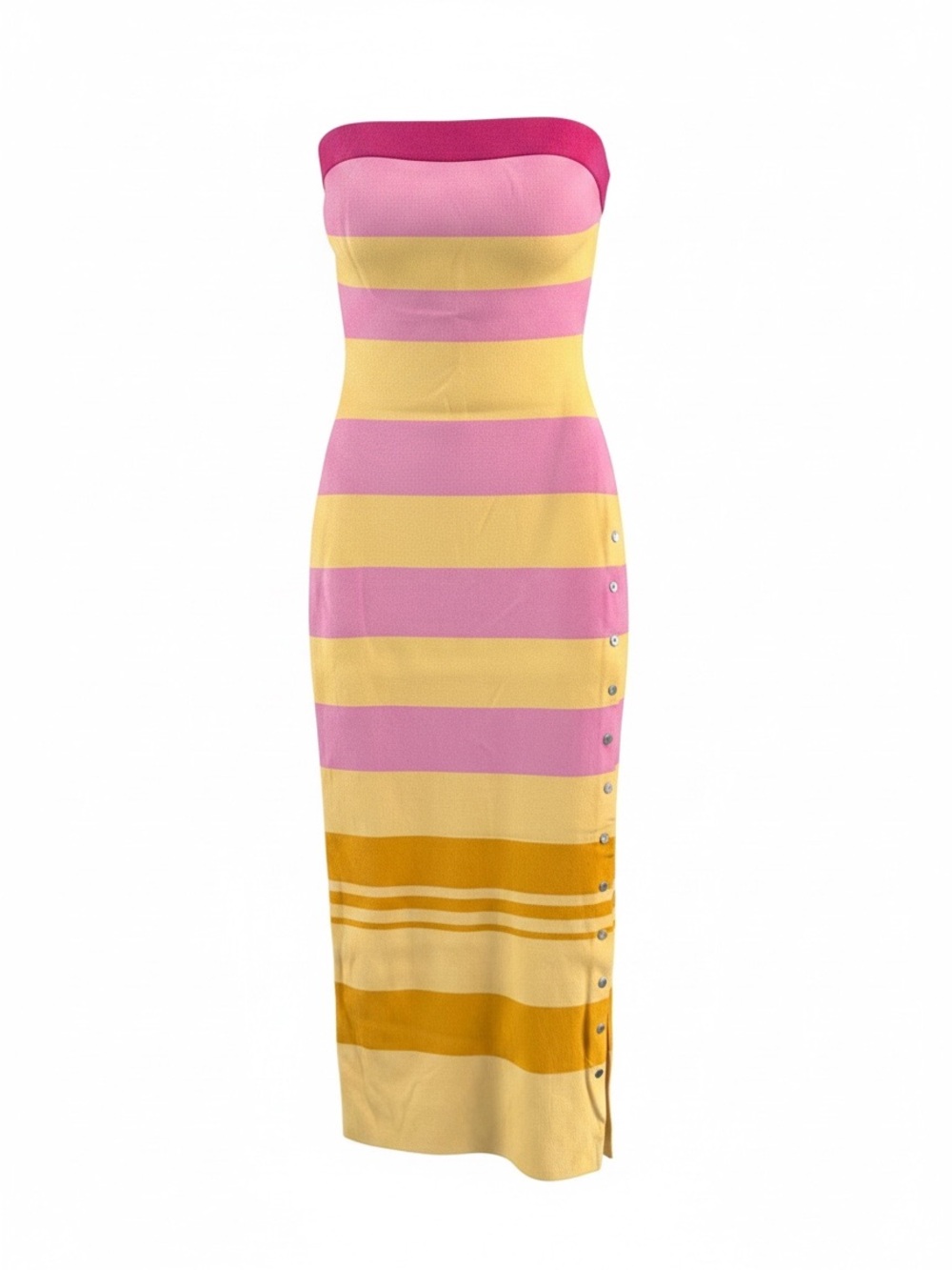 NWT Strapless Pink & Yellow Striped Knit Bodycon Dress Button Slit Size Sm/Med